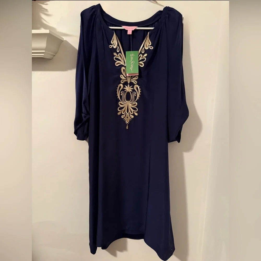 Lilly Pulitzer NWT Navy & Gold Embroidery Stitching with Pink label Size Medium - Picture 4 of 15